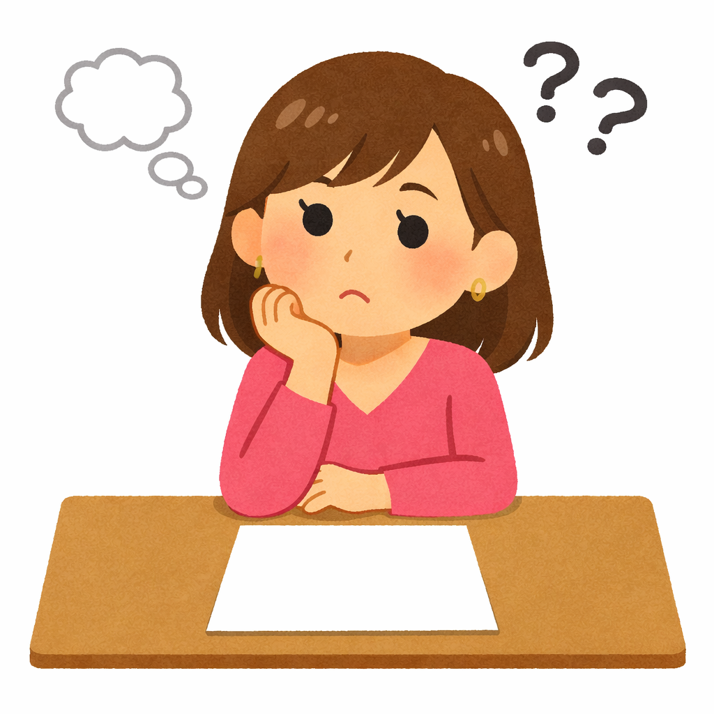 紙をもって考えてる女性